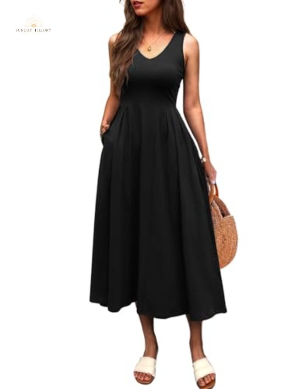 Women's Sleeveless Pleated Waist Midi A-Line Flowy Sundress with Pockets